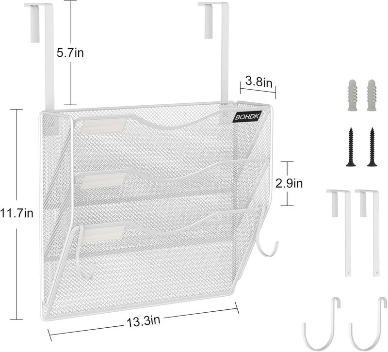 BOHDK Wall File Organizer, 3 Tire Hanging File Folder Mail Organizer, Vertical Mesh Metal Door/Wall Mount Hanging File Organizer, Paper Document Magazine Rack with Hooks for Home Office White - Image 4